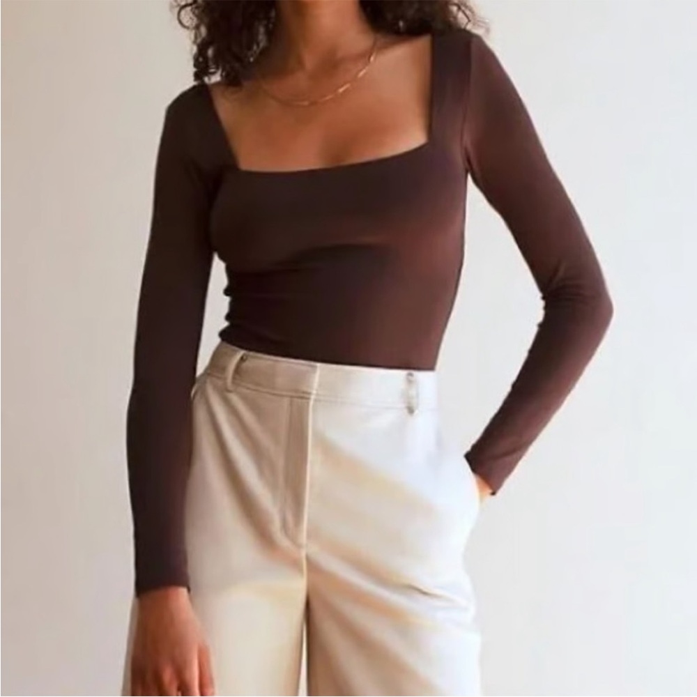 Aritzia Babaton Brown Contour Square Neck Long Sleeve Bodysuit Sz Large